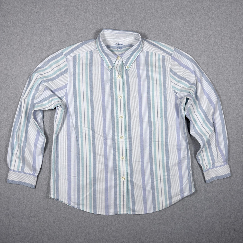 LL Bean Womens Large Regular Blue Teal Striped Oxford Button Down Shirt